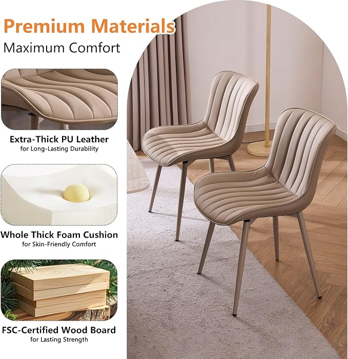 YOUNUOKE Mid-Century Modern Dining Chairs Set of 2, Khaki PU Leather - Image 5