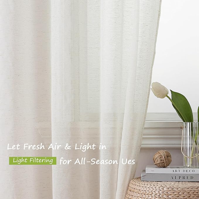 Simplebrand Natural Linen Textured Sheer Curtains 72 inches Long 2 Panels - Image 2