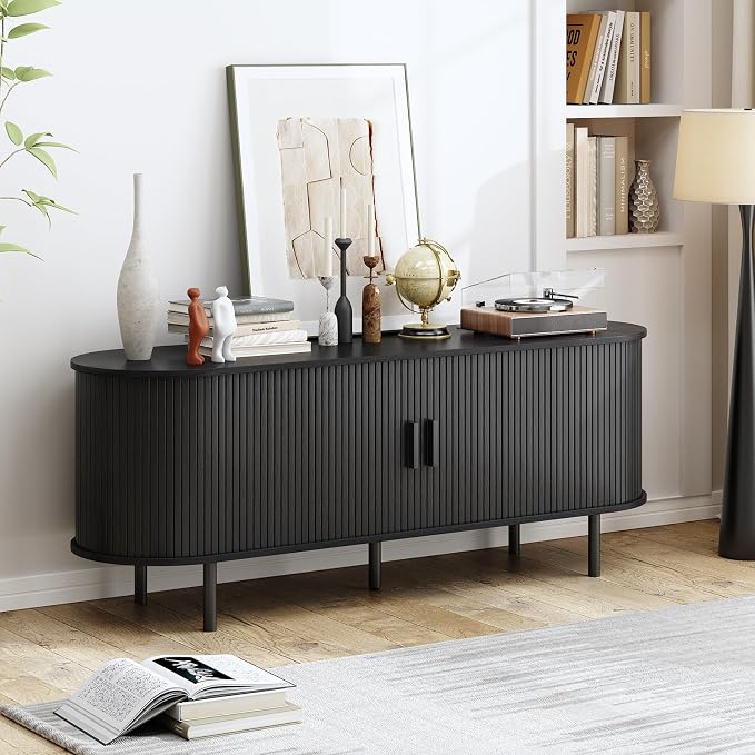 55" TV Stand with Power Outlet, Modern Media Console with Sliding Doors - Image 4