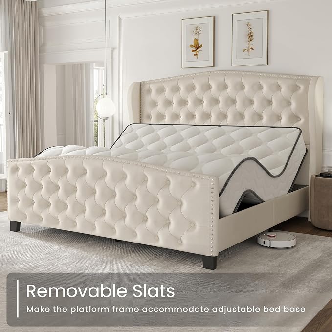 LARMACE Queen Size Bed Frame Velvet Upholstered Platform Bed - Image 9