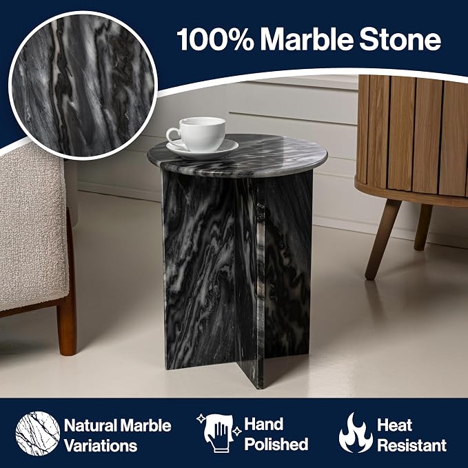 JONATHAN Y Javier Solid Black/Gray Marble End Table, 17.75" Round Modern Accent - Image 5