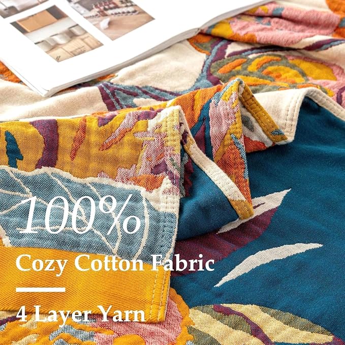 LUTBM Boho Throw Blanket for Bed 100% Cotton Soft Lightweight Quilt Floral - Image 6