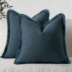 MIULEE Linen Fringe Decorative Euro Throw Pillow Covers Navy Blue 26x26 | Set by MIULEE