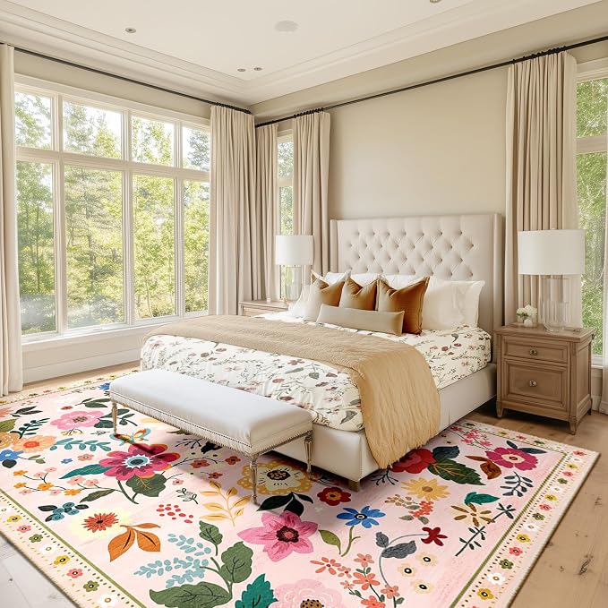 RELEANY Floral Washable 9x12 Area Rugs Pink | Flower Carpet Print Boho Cute Non - Image 8