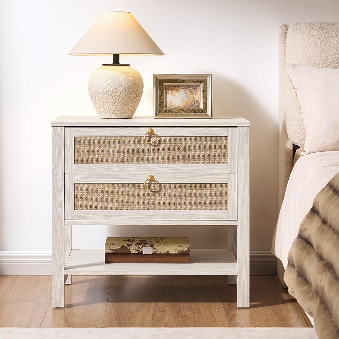 SICOTAS Boho Rattan Nightstand Set of 2, 26.7" Extra Wide Bedside Table - Image 4