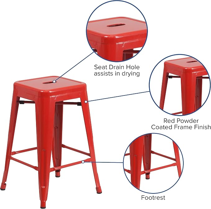 Flash Furniture Lily 4 Pack Commercial Grade 24" High Backless Red Metal - Image 5