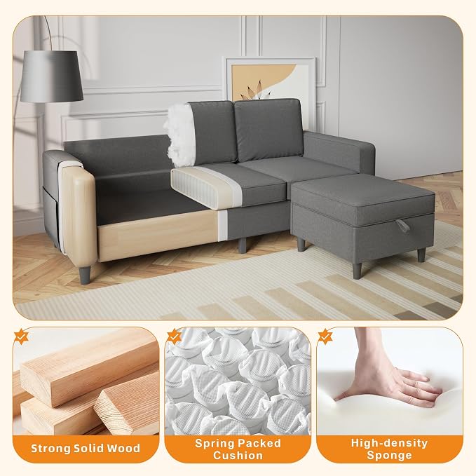 Sectional Sofa Couches for Living Room, Comfy Fabric Convertible Sectionals - Image 3