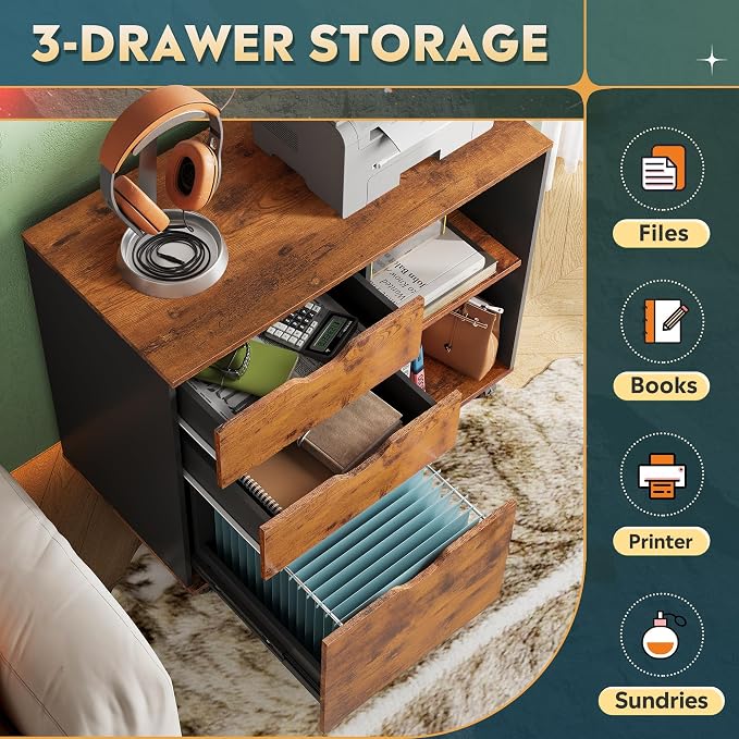 DEVAISE 3-Drawer Wood File Cabinet, Mobile Lateral Filing Cabinet, Printer Stand - Image 4