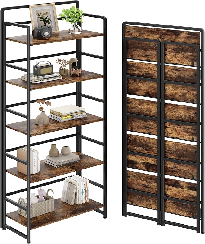 No Assembly Folding Bookshelf, 5 Tiers Collapsible Book Shelf by THKKYHomeOfficeFurniture