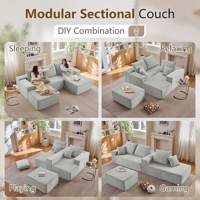 107" Comfy U-Shaped Sectional Modern Boneless Corduroy Couch - Image 3