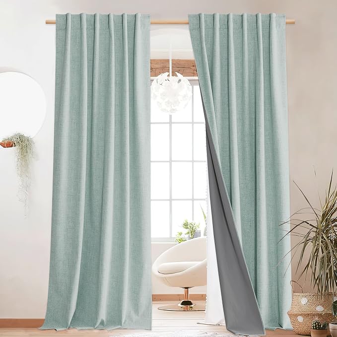 NICETOWN Seafoam Green Blackout Linen Curtains 95" Long, Rod Pocket Back Tab - Image 2