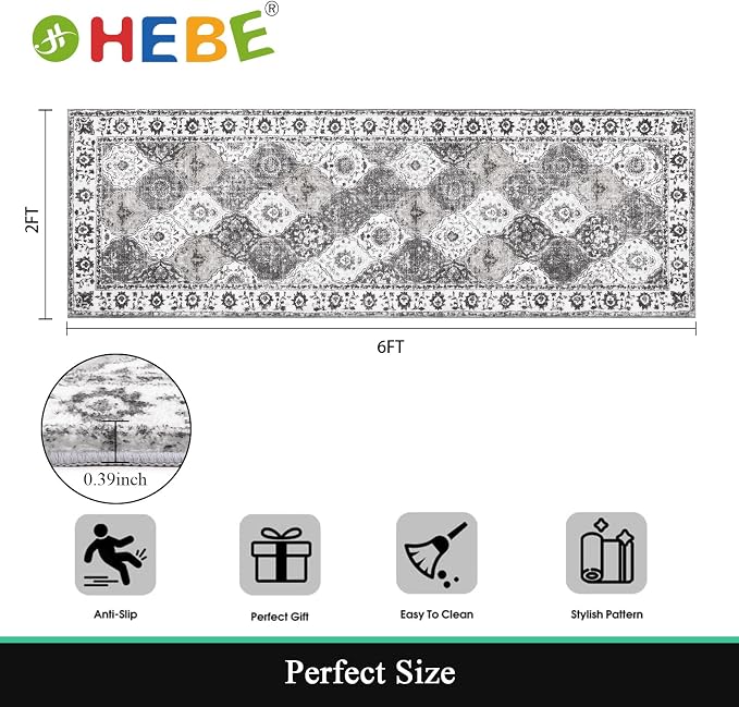HEBE Hallway Runner Rug 2'x6', Washable Non Slip Kitchen Rug Runner | Soft Boho - Image 2