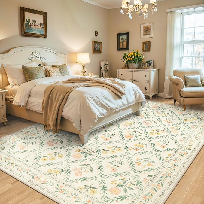 PLHXFR Area Rug 10x14 Living Room: Floral Washable Boho Carpet Beige Multi | - Image 3