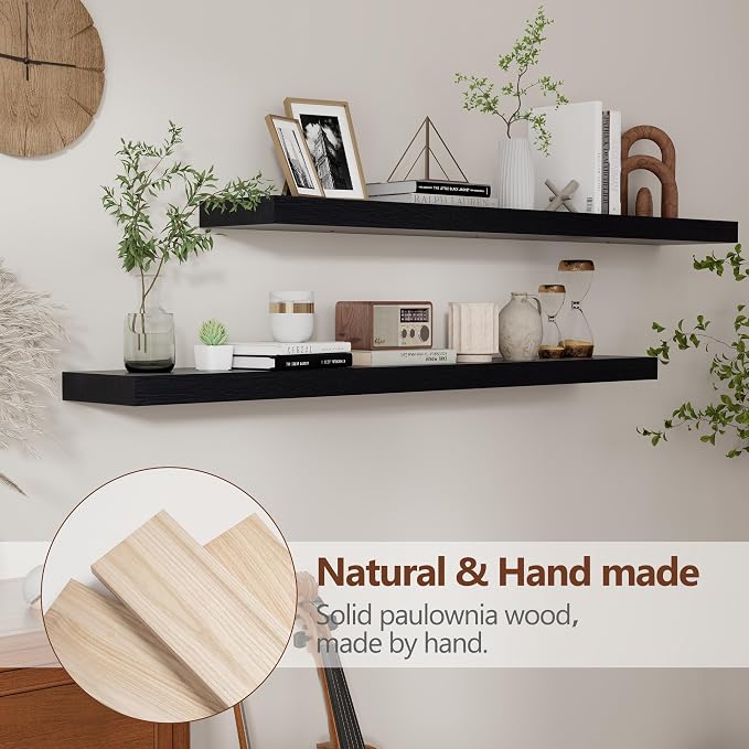 fuqing Black Floating Shelves 48 Inch, Solid Wood Wall Mounted Shelves Set of 2 - Image 4