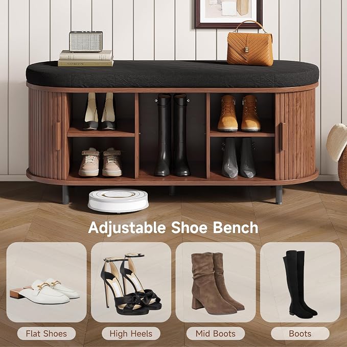 Oval Shoe Storage Bench with Padded Seat Cushion, 2-Tier Fluted Shoe Cabinet - Image 3