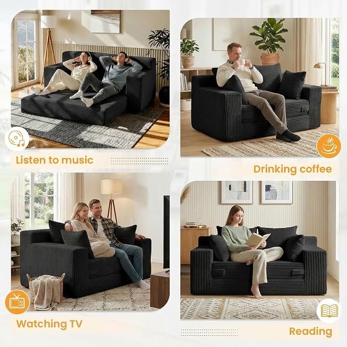 55" Small Boneless Couch, 3-in-1 Boneless Loveseat Sleeper Sofa Bed Convertible - Image 5