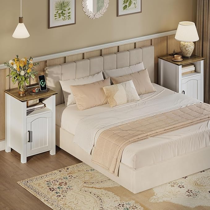 Farmhouse Nightstand with Charging Station, End Table with USB/Type-C Ports and - Image 2