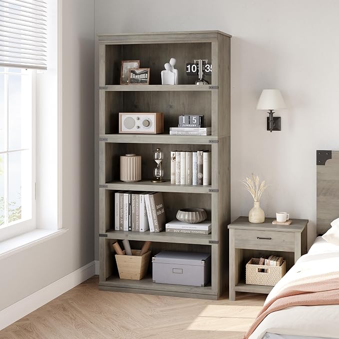 GarveeHome 5 Tier Farmhouse Bookcase, 67.4" Tall Book Shelf - Image 3