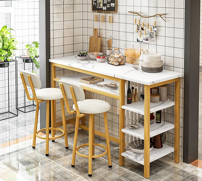 AWQM 3-Piece Bar Table and Chairs Set, Modern White Faux Marble Table - Image 3