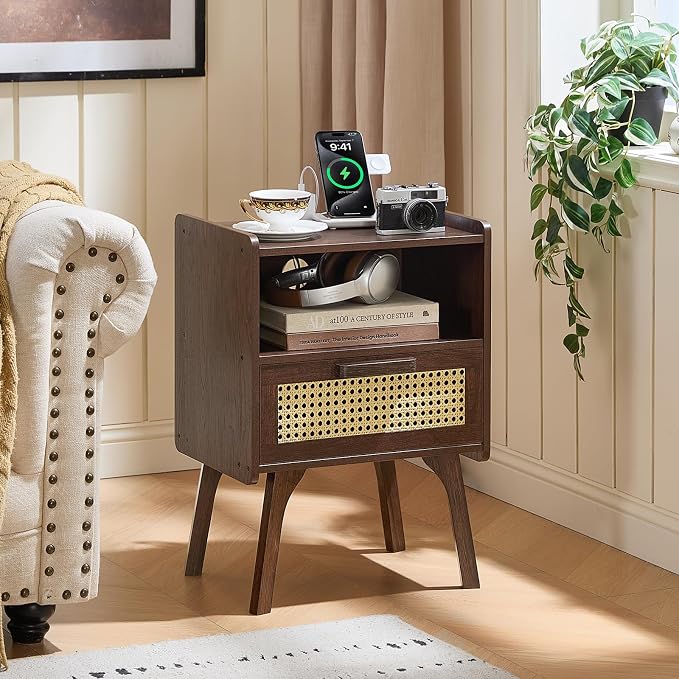 Lerliuo Rattan Nightstand with Charging Station, Walnut Bedside Table with - Image 2