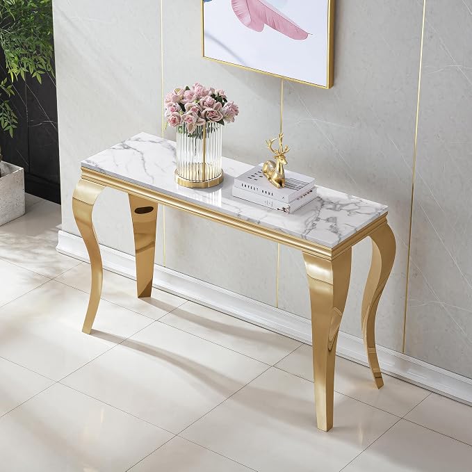Henf 47" Marble Console Table Entryway Table Modern White Faux Marble Accent - Image 4