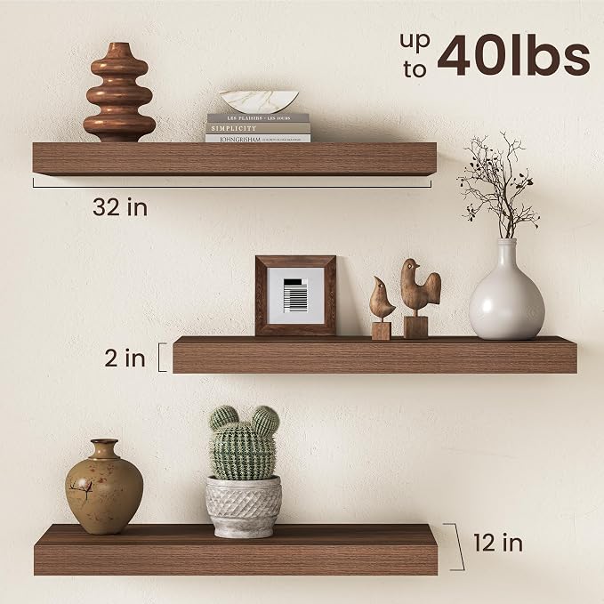 32Inch Walnut Floating Shelves for Wall, 12 Inch Deep Shelves for Bedroom - Image 3