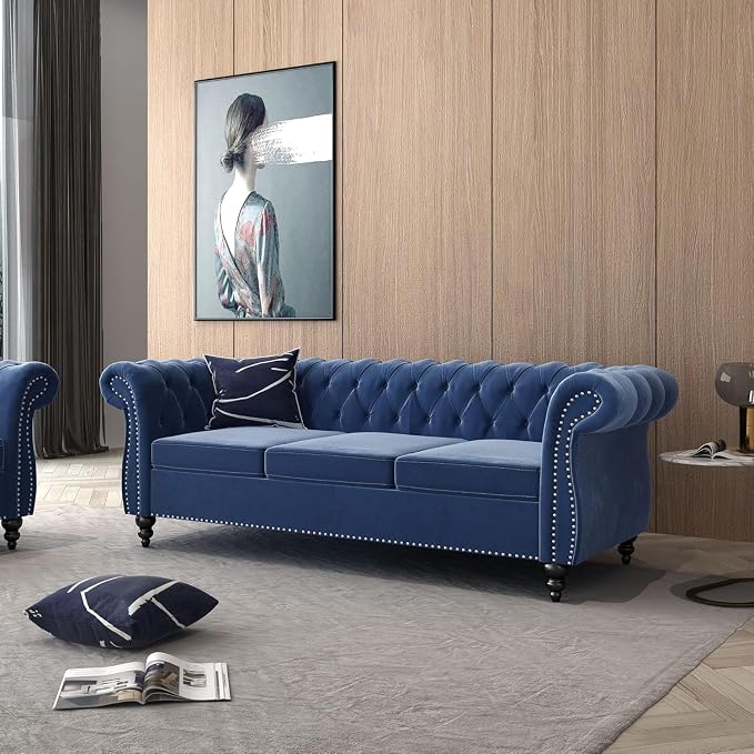 Mid-Century 3 Seater Sofa, Velvet Couch - Image 3