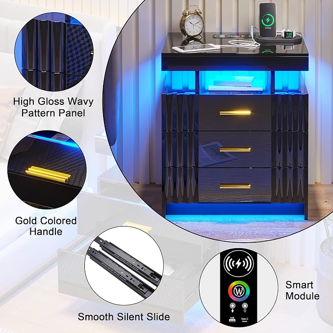 HNEBC LED Nightstand, Smart Bedside Table has Auto Sensor, High Gloss Night - Image 6