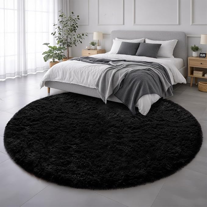 Amdrebio Black Fluffy Big Round Rug 6Ft by Amdrebio