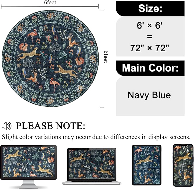 DUKINO 6ft Round Rug for Bedroom, WashableNon Slip Circle Rug, Low Pile - Image 2