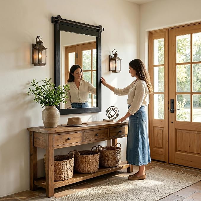 24"x36" Black Barn Door Wall Mirror, Solid Wood Framed Rustic Accent Mirror - Image 2