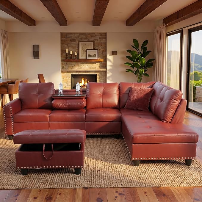 97.5" Red L Shaped Couch Set Leather, Modular Sectional Couches - Image 3