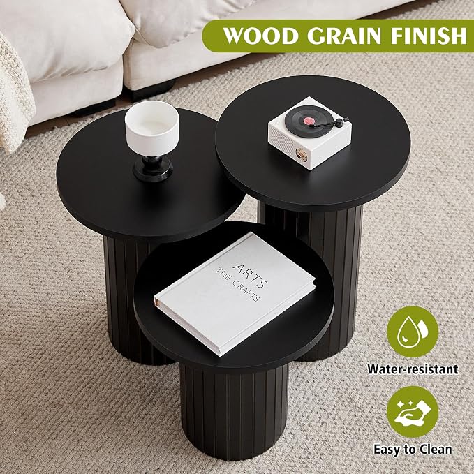 Round Side Tables Set of 3, Circle Modern Fluted Nesting Coffee Table, Accent - Image 3