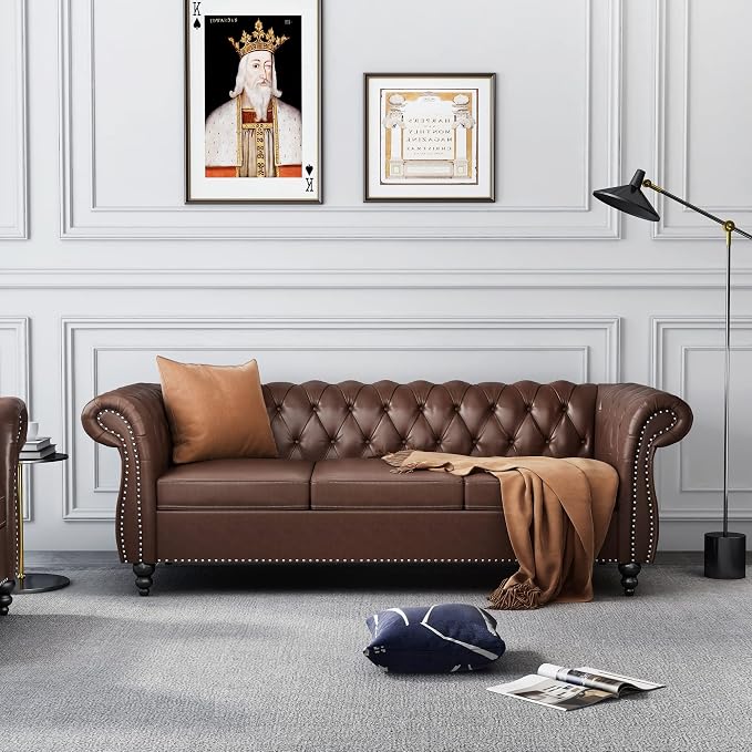 ORRD 2 Piece Living Room Set, Chesterfield Leather Sofa Loveseat Couch - Image 6