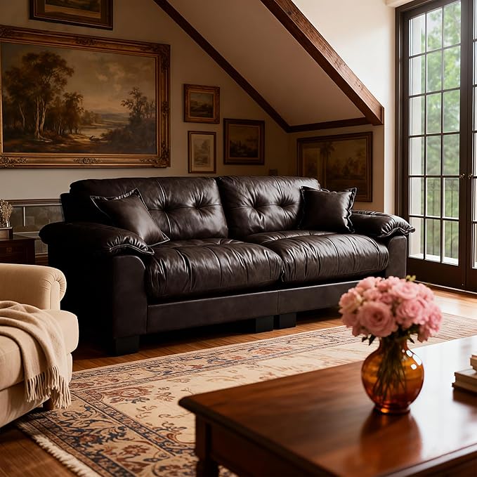 Faux Leather Sofa, Mid Century Modern Leather Upholstered Deep Loveseats by FaratiHome