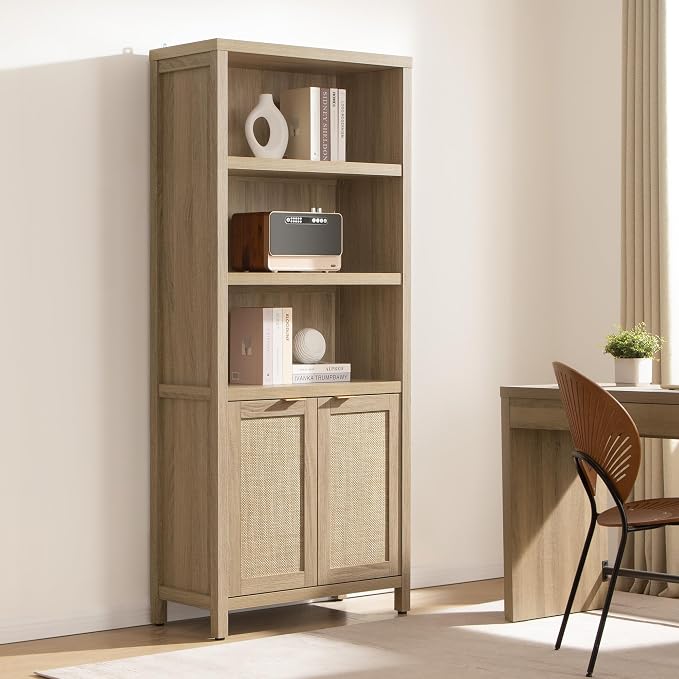 SICOTAS Bookcase 71" Tall Bookshelf 5 Tier Rattan Boho Bookcase - Image 4