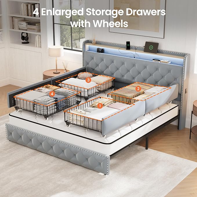 LARMACE King Size Bed Frame Velvet Upholstered LED Tufted King Platform Bed and - Image 7