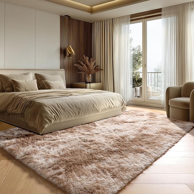 Rugs for Living Room Bedroom, Tie-Dyed Beige 5x8 Fluffy Bedside Area Rug - Image 4