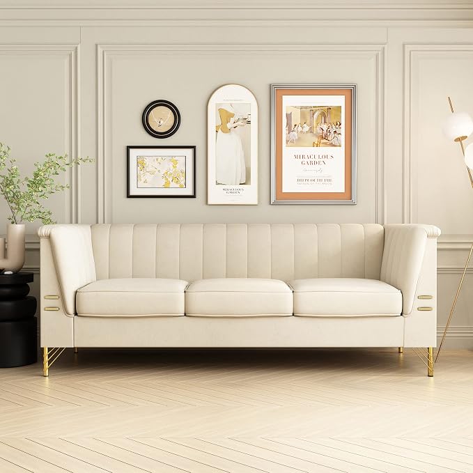 83.46" W Beige Velvet Sofa Couch - Image 8