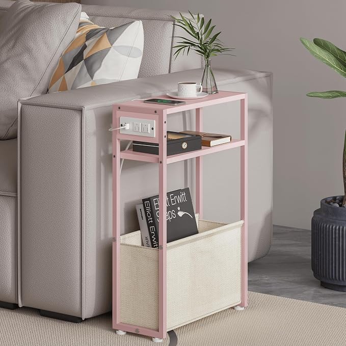 Leomonio Pink Side Table with Charging Station, Slim End Tables with Linen by Leomonio