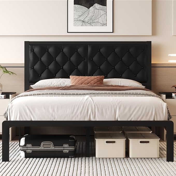 Fluest Queen Bed Frame with Headboard PU Leather Upholstered Bed Frame Platform by Fluest