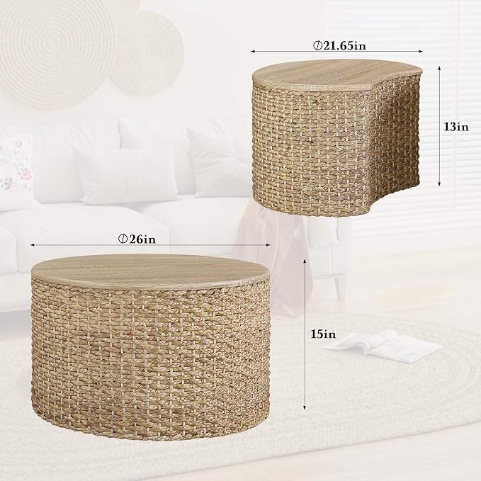 Nesting Coffee Table Set of 2, Rustic Crate and Barrel Coffee Table, Hand-Woven - Image 2