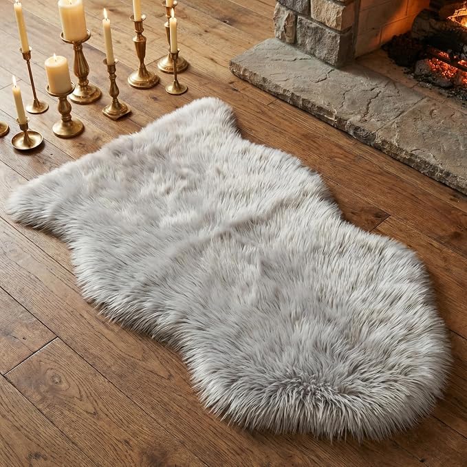 duduta Gray Faux Sheepskin Chair Seat Covers, Fluffy Shag Fur Throw Rugs Room by duduta