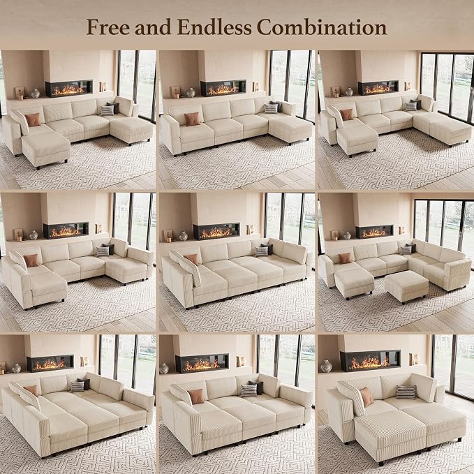Belffin U Shaped Sectional Sofa Couch Convertible 6 Seater Corduroy Couch - Image 7