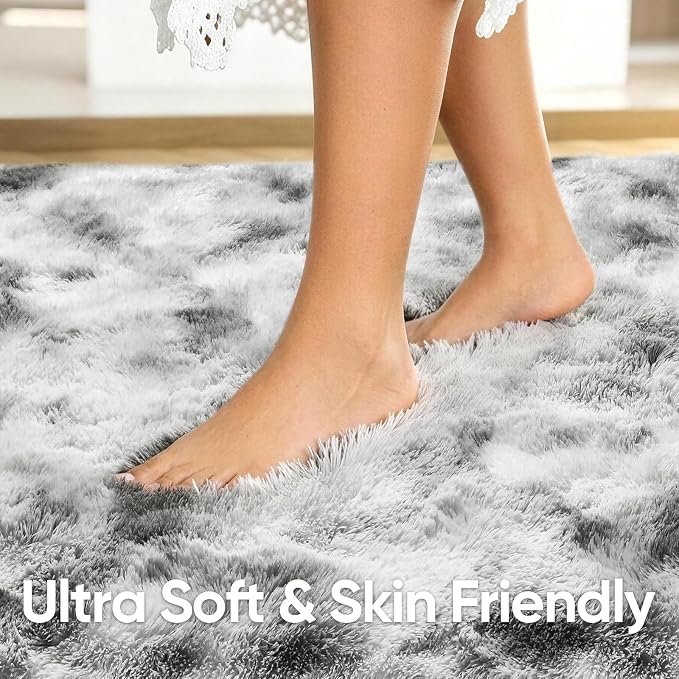 6x9 Large Tie-Dyed Grey and White Fluffy Area Rug Non-Slip - Image 5