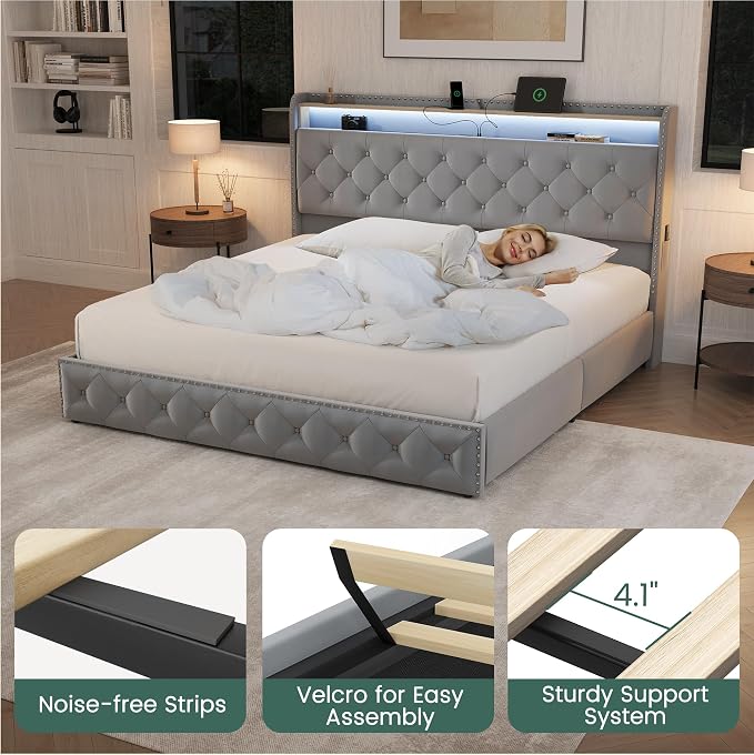 LARMACE King Size Bed Frame Velvet Upholstered LED Tufted King Platform Bed and - Image 9