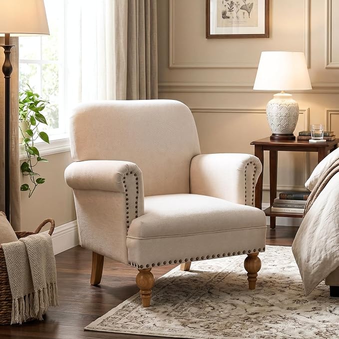 Beige Linen Fabric Accent Chairs Set of 2, Modern Farmhouse Upholstered - Image 8