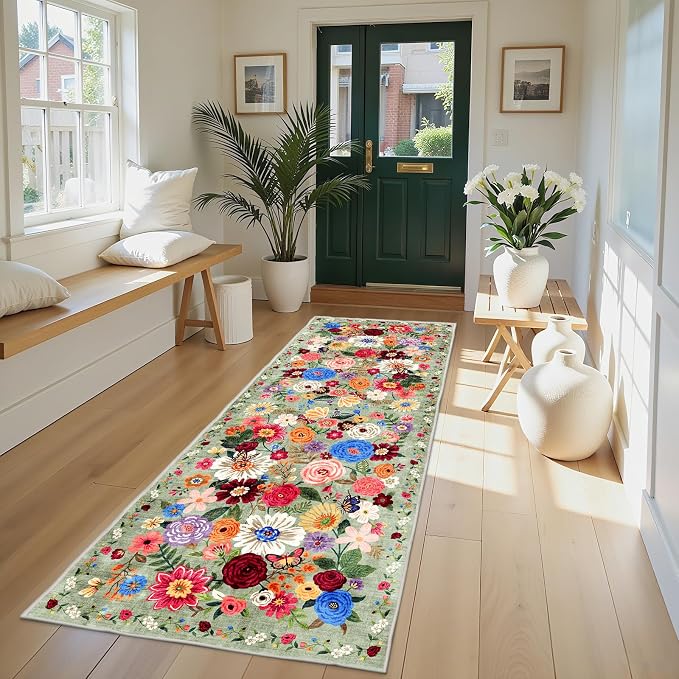 Rug for Hallways Kitchen Runner 2x8 Green | Non Slip Washable Rugs - Image 2