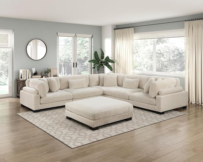 Modular Corner Seat, Plush Beige Corduroy Sofa, Customizable Living Room - Image 6
