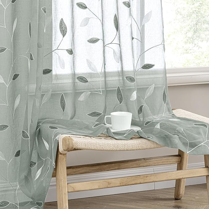 MIULEE Sage Sheer Curtains 2 Panels Embroidered Leaf Patterned, W52 x L96 | by MIULEE